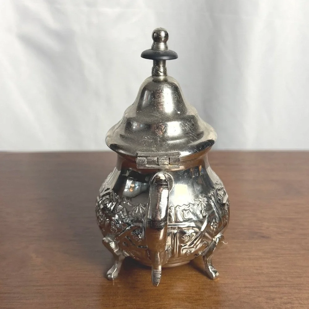 VTG Moroccan Silver Plate Teapot Repousse Footed Fez Style Wood Finial Signed